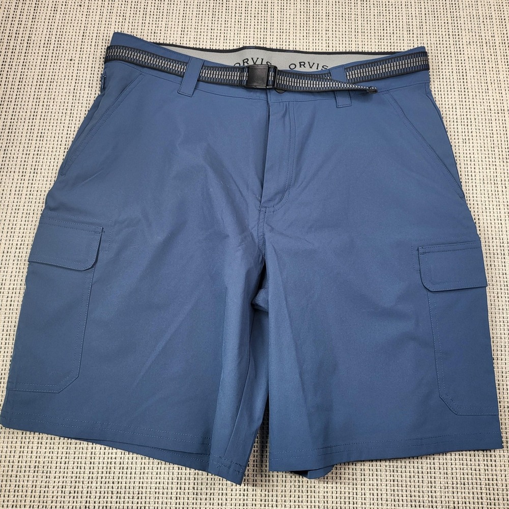 Orvis Shorts Mens 34 Blue Cargo‎ Belted Pockets Outdoor Travel 10 Inseam